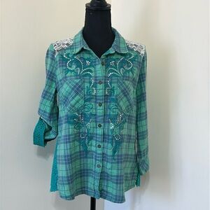 Miss Me Embroidered Flannel Button Down Shirt. Ladies Medium.